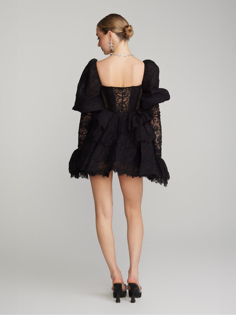 PUFF SLEEVE LACE MINI DRESS IN BLACK