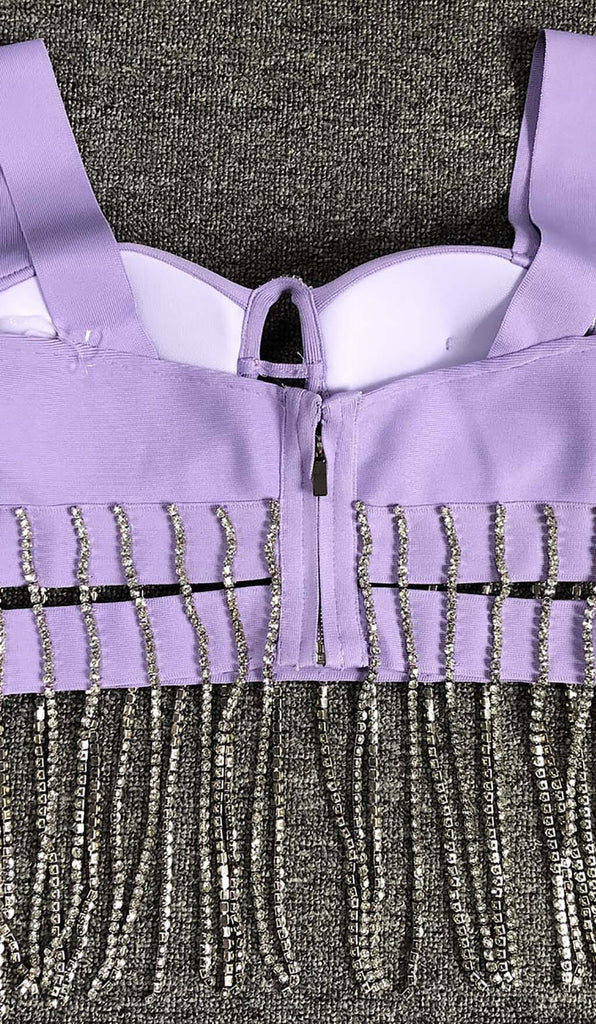 CRYSTAL TASSEL BANDAGE MINI DRESS IN PURPLE DRESS STYLE OF CB 