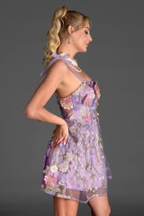 PURPLE 3D FLOWER LACE EMBROIDERED DRESS