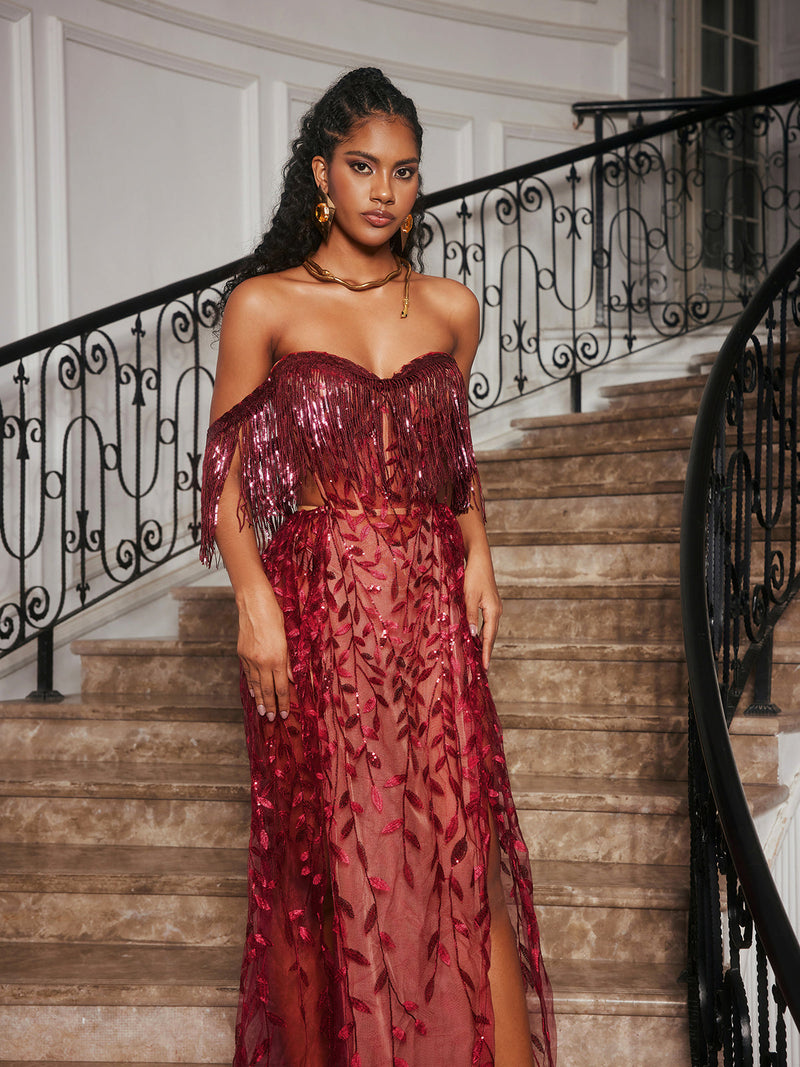 Codruta Strapless Leafy Fringe Maxi Dress In Wine