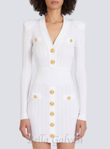 TARA WHITE SHORT KNITTED MINI DRESS WITH GOLD BUTTONS