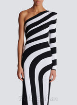 XAVIERA ASYMMETRICAL STRIPED KNIT MAXI DRESS