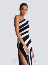 XAVIERA ASYMMETRICAL STRIPED KNIT MAXI DRESS