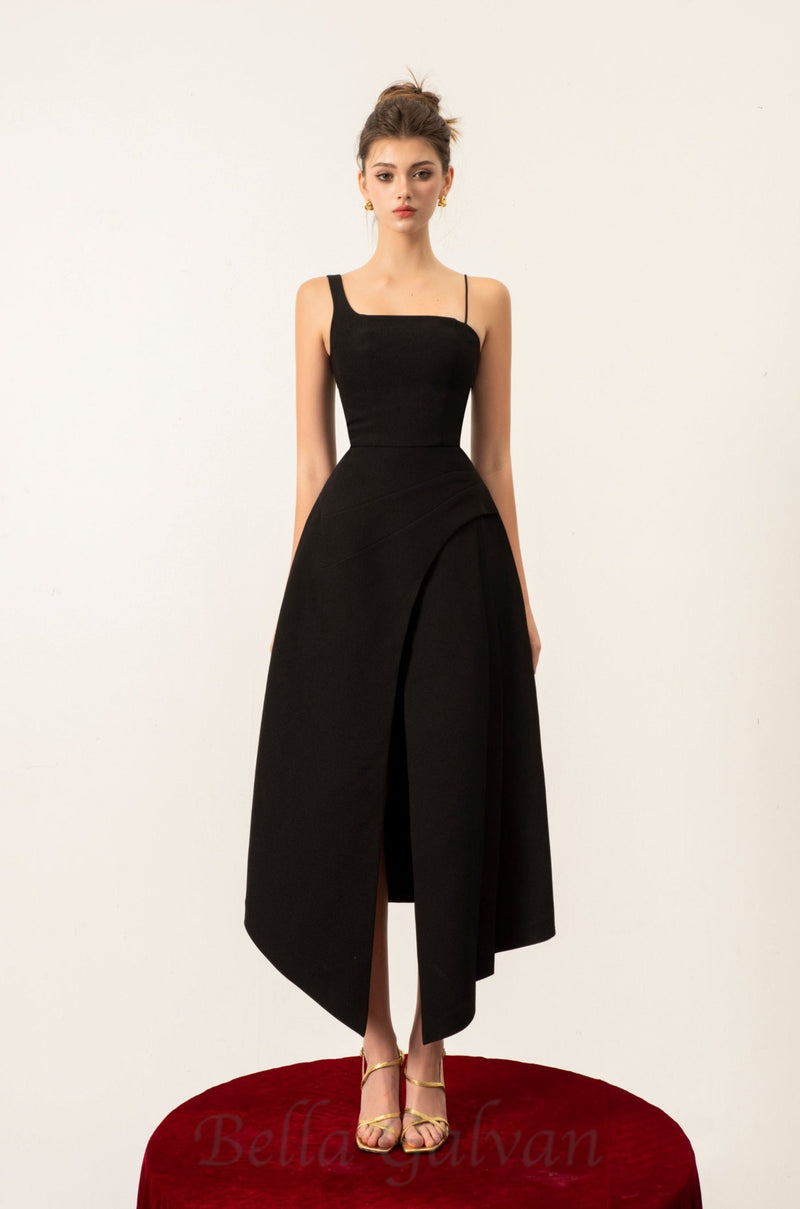 AUDREY SLIT CAPE MIDI DRESS IN BLACK