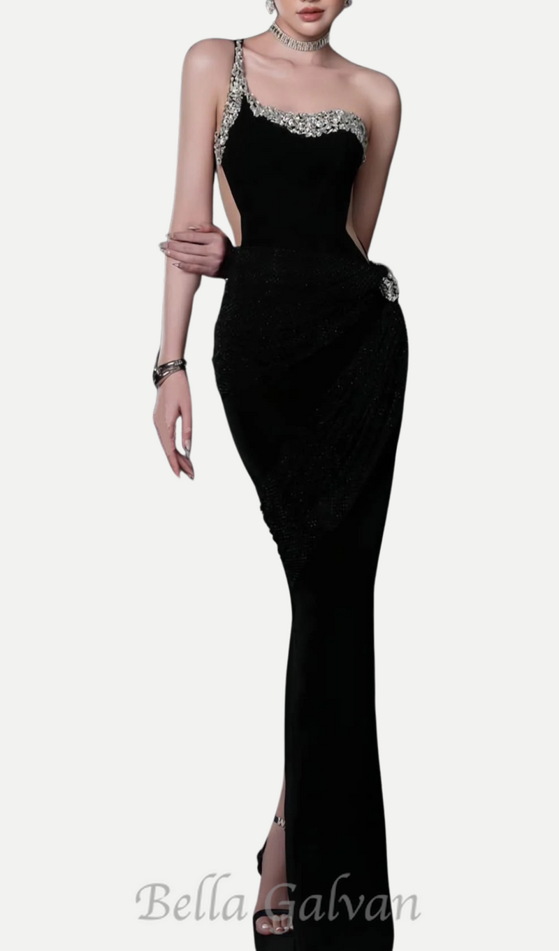 black one-shoulder diamonds bandage maxi dress