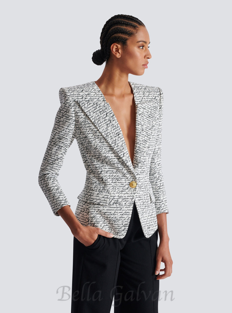 Alphabet pattern white jacket with single button