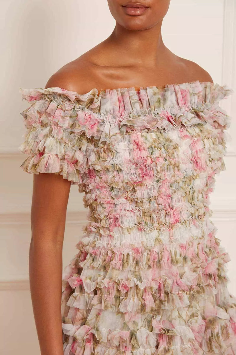 FLORAL OFF-SHOULDER MINI DRESS IN NYLON