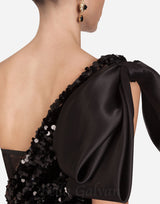 MARY BLACK SEQUINED LONGUETTE DRESS WITH BOW