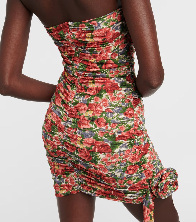 STRAPLESS CUTOUT DRAPED FLORAL DRESS