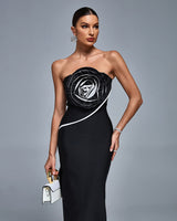 ANN STRAPLESS FLOWER DETAIL BANDAGE MAXI DRESS IN BLACK