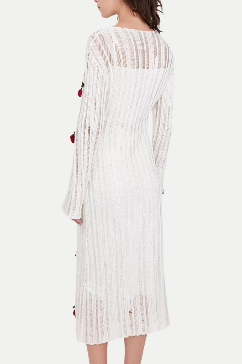 Hilaria Rose Handcrafted Knit Midi Dress in  White