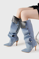 Isabela Appliqué Ruched  Denim Knee-high boots - Blue