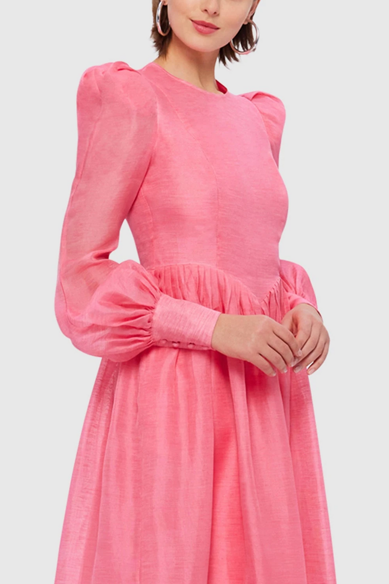 DELIA PINK LANTERN SLEEVE ROUND NECK MIDI DRESS