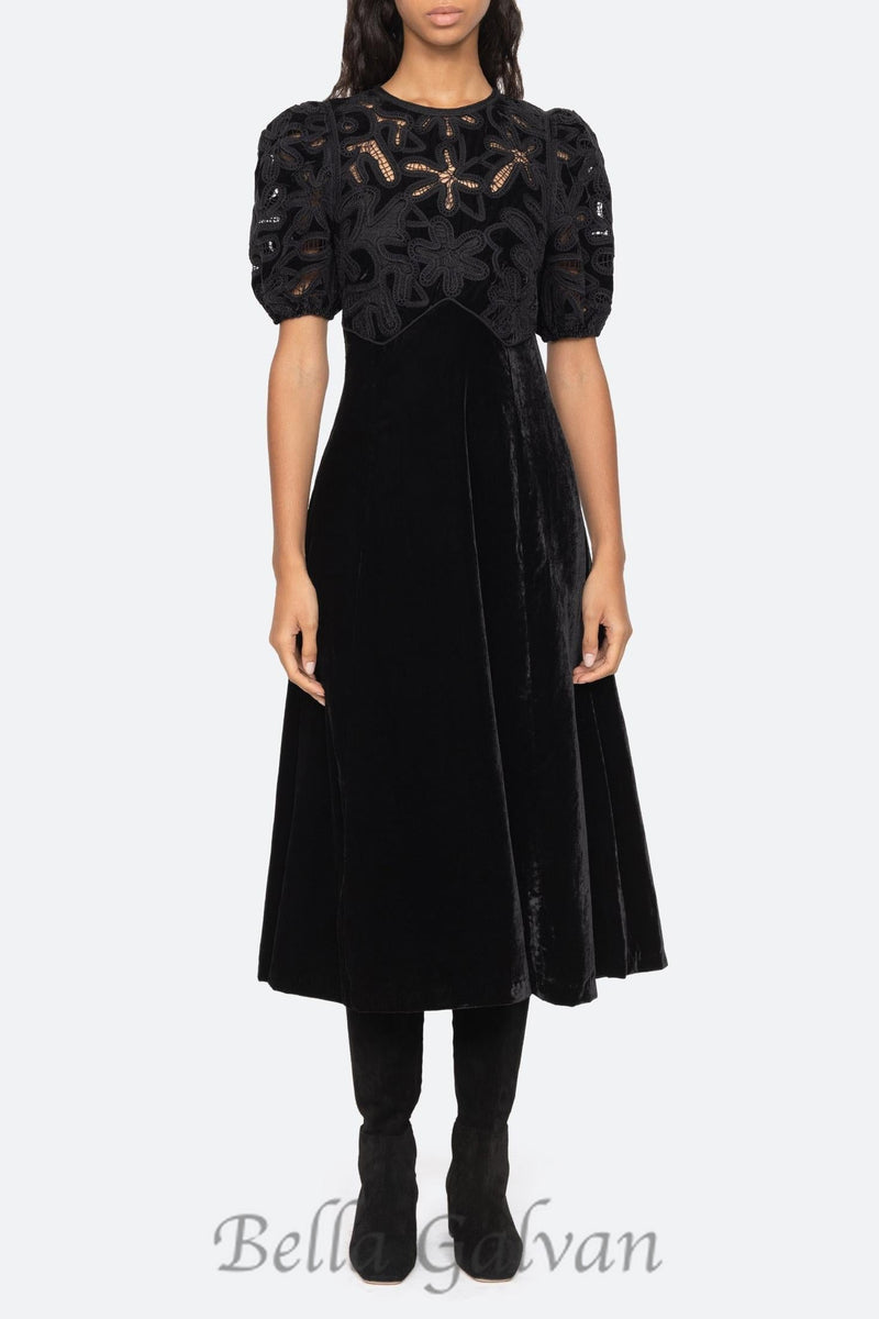 Velvet Puff Sleeve Embroidered Midi Dress in black