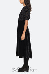 Velvet Puff Sleeve Embroidered Midi Dress in black