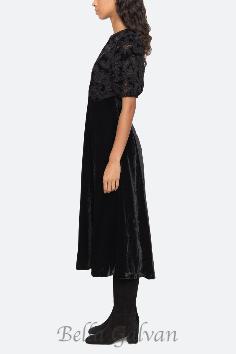 Velvet Puff Sleeve Embroidered Midi Dress in black