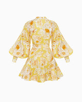 MONICA LANTERN SLEEVE FLORAL PRINT YELLOW MINI DRESS