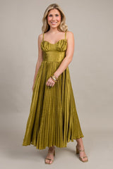 Chartreuse Satin Pleated Midi Dress