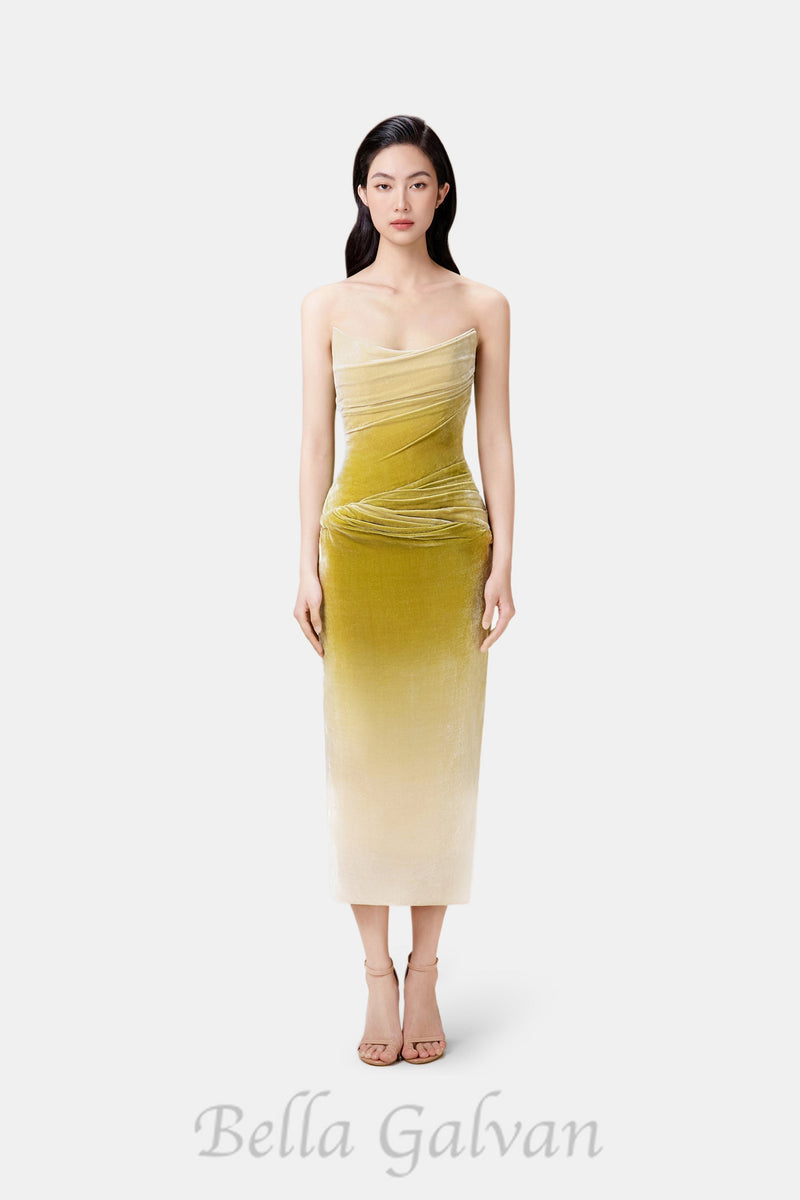 ruched velvet strapless midi dress in green gradient