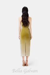 ruched velvet strapless midi dress in green gradient