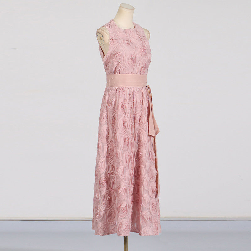 ROSETTE TULLE SATIN WOVEN BELT MIDI DRESS IN PINK