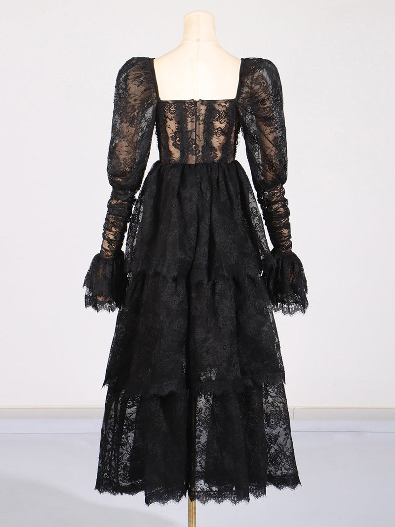 PUFF SLEEVE LACE MAXI DRESS IN BLACK