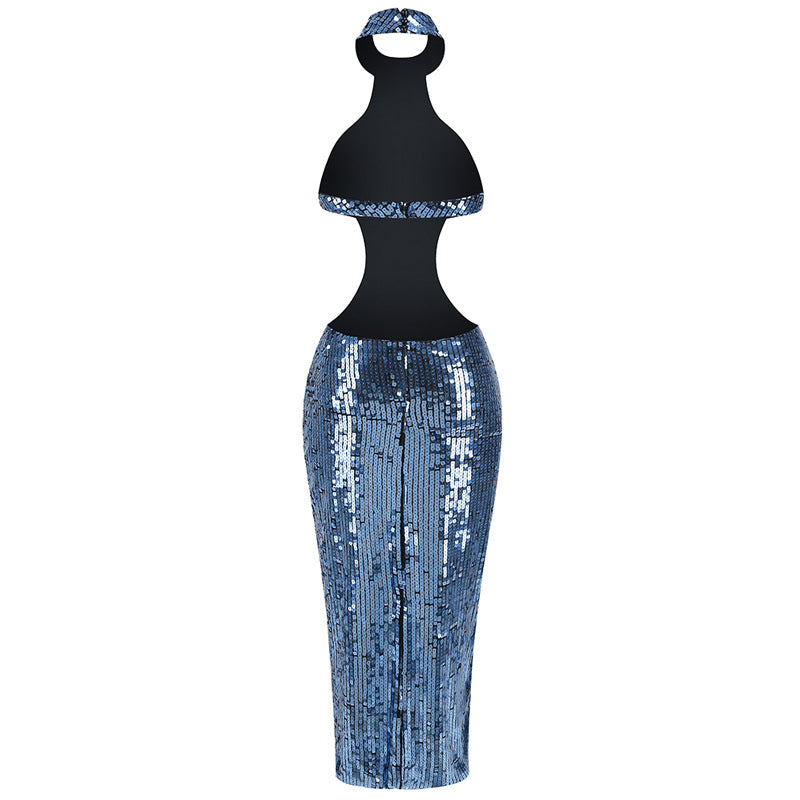 SHARON SEQUIN HALTER MAXI DRESS IN CERULEAN BLUE