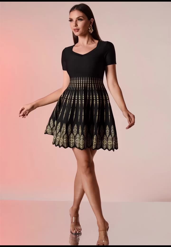 ELEANORE BLACK GEOMETRIC JACQUARD FLARE MINI DRESS