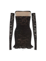 fishbone embellished lace ruffle mini dress in black