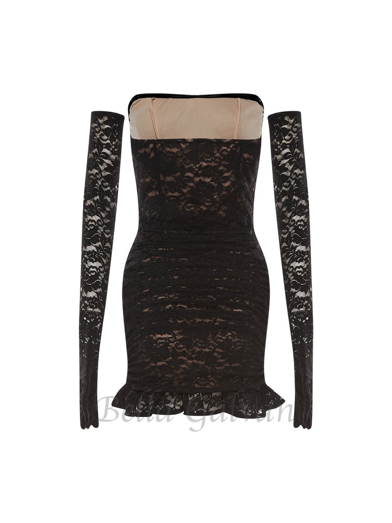 fishbone embellished lace ruffle mini dress in black