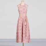 ROSETTE TULLE SATIN WOVEN BELT MIDI DRESS IN PINK