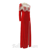 AALIYAH PEARL EMBELLISHED VELVET MAXI DRESS IN RED