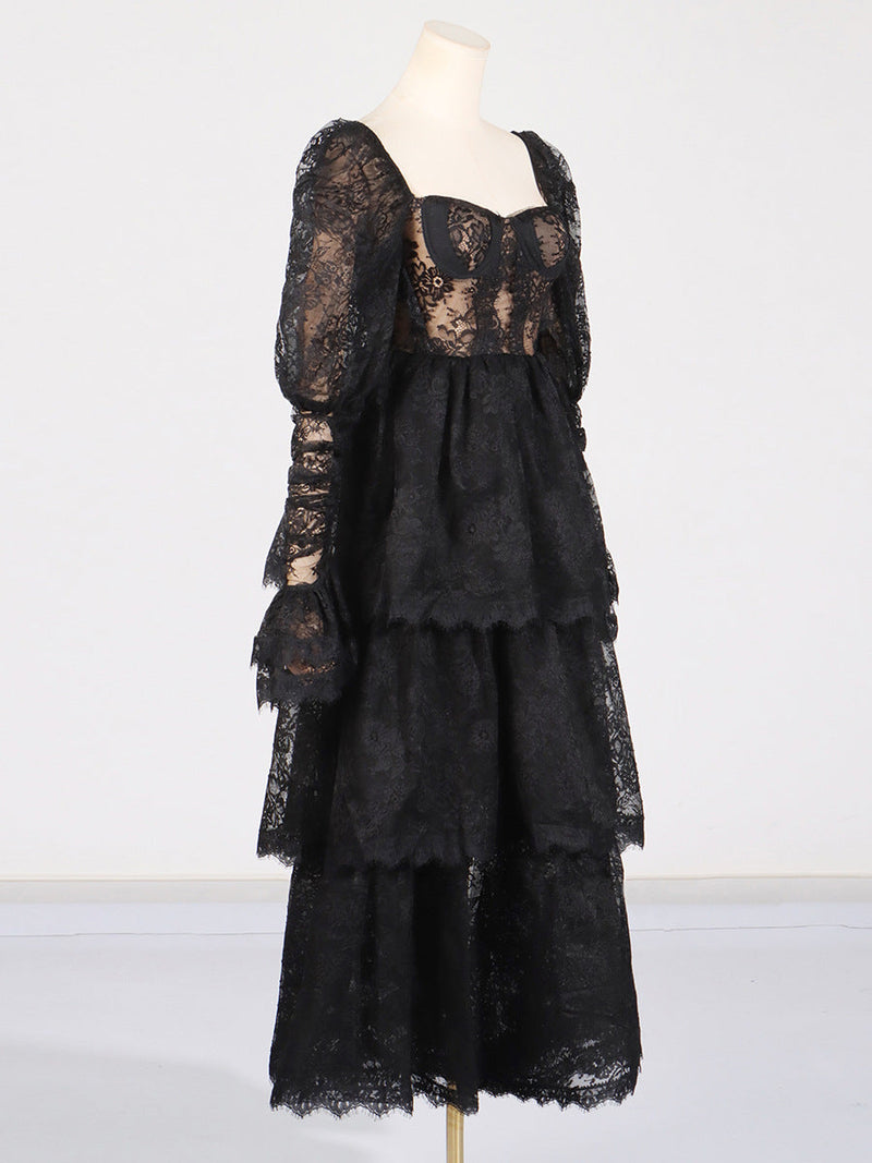 PUFF SLEEVE LACE MAXI DRESS IN BLACK