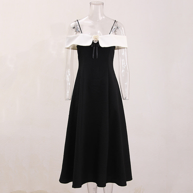 ATALANTA TEXTURED PLEATED SUSPENDER DRESS IN BLACK