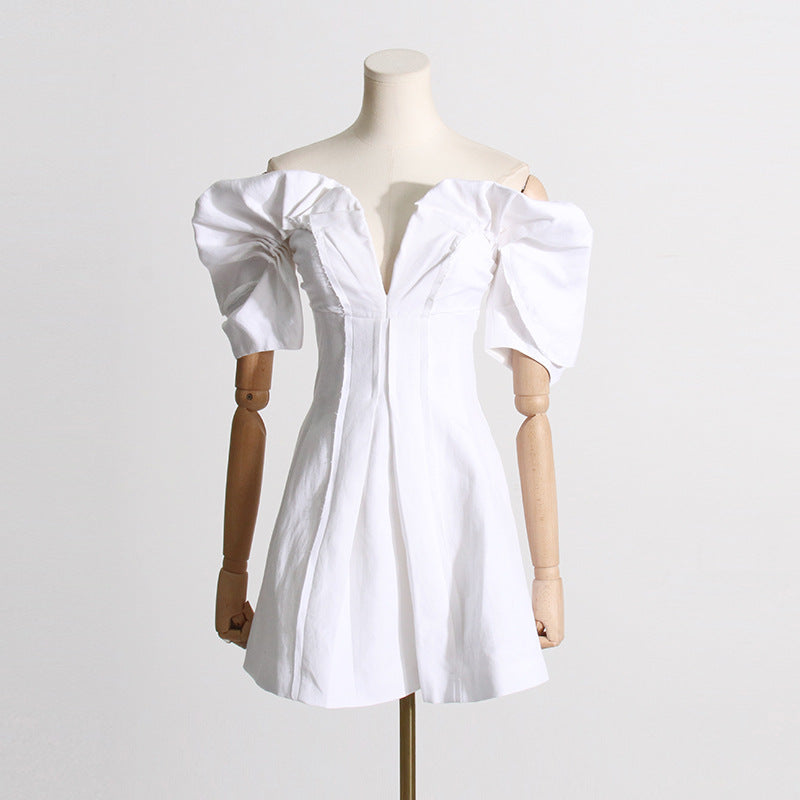 RUFFLED OFF-SHOULDER MINI SILK DRESS IN WHITE