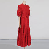 Lace ruffle trim layer midi dress in red