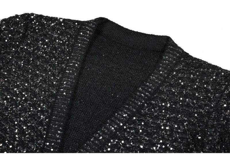 sequin knit v-neck cardigan in black