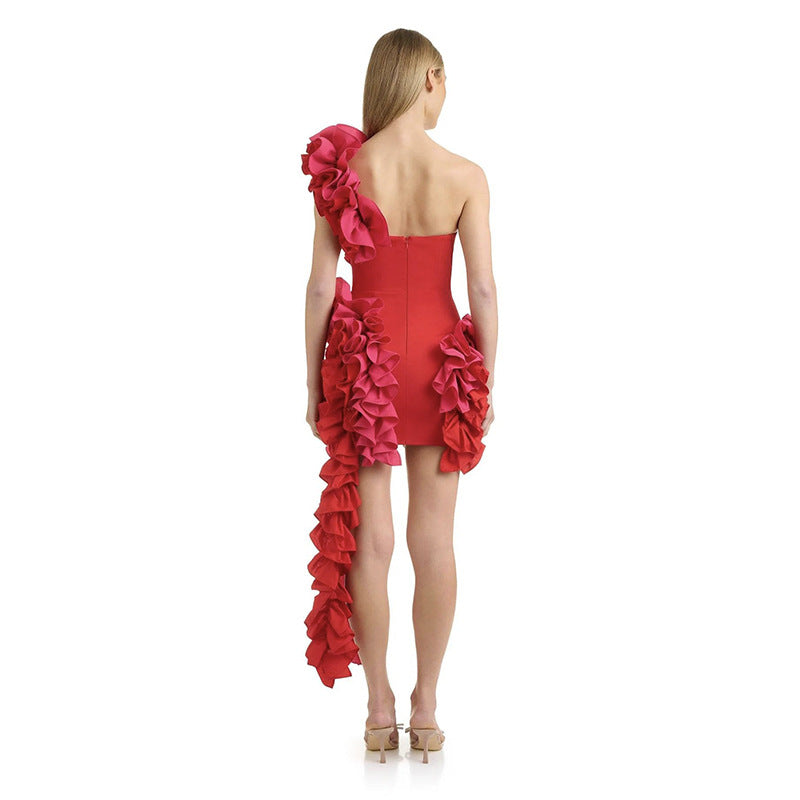 RUFFLES ONE SHOULDER STRIPS MINI DRESS IN RED