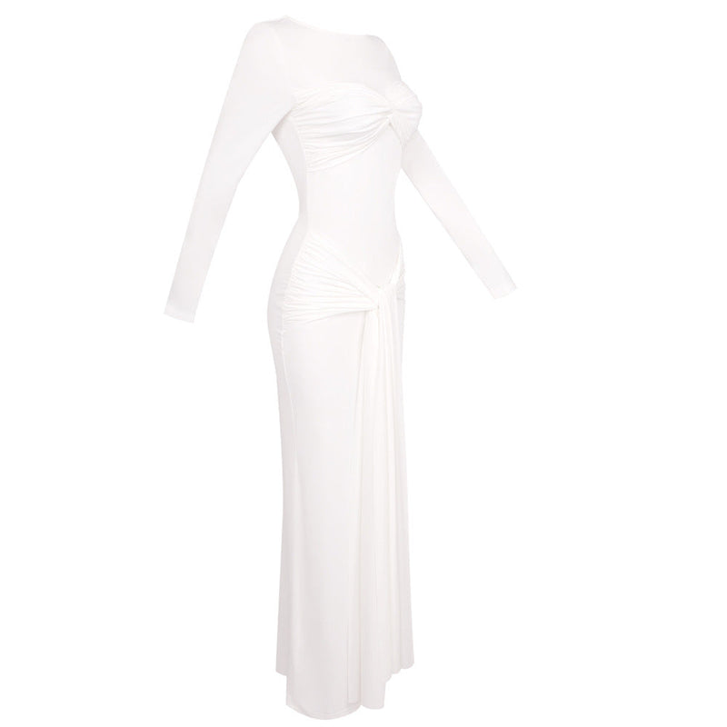 Round neck ribbon knot maxi dress in white