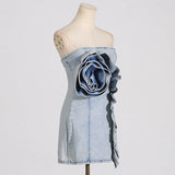 ALISON BLUE RUFFLED TRIM STRAPLESS DENIM MINI DRESS