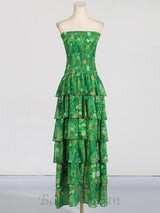 STRAPLESS LAYERED BANDEAU FLORAL PRINT MAXI DRESS IN GREEN