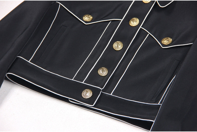 seven-button black piped-trim jacket