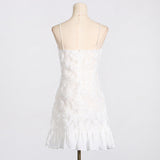 FLORAL APPLIQUÉ PLEATED HEM MINI DRESS IN WHITE