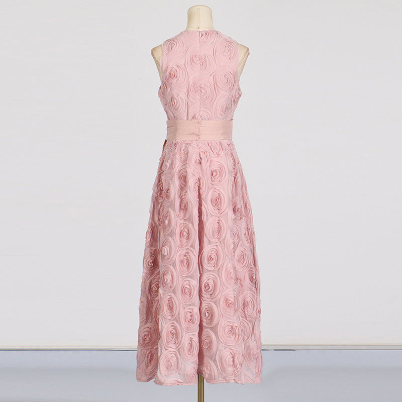 ROSETTE TULLE SATIN WOVEN BELT MIDI DRESS IN PINK