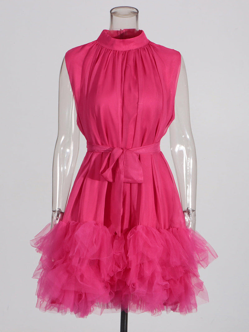 half-high-neckline tulle mini dress in pink