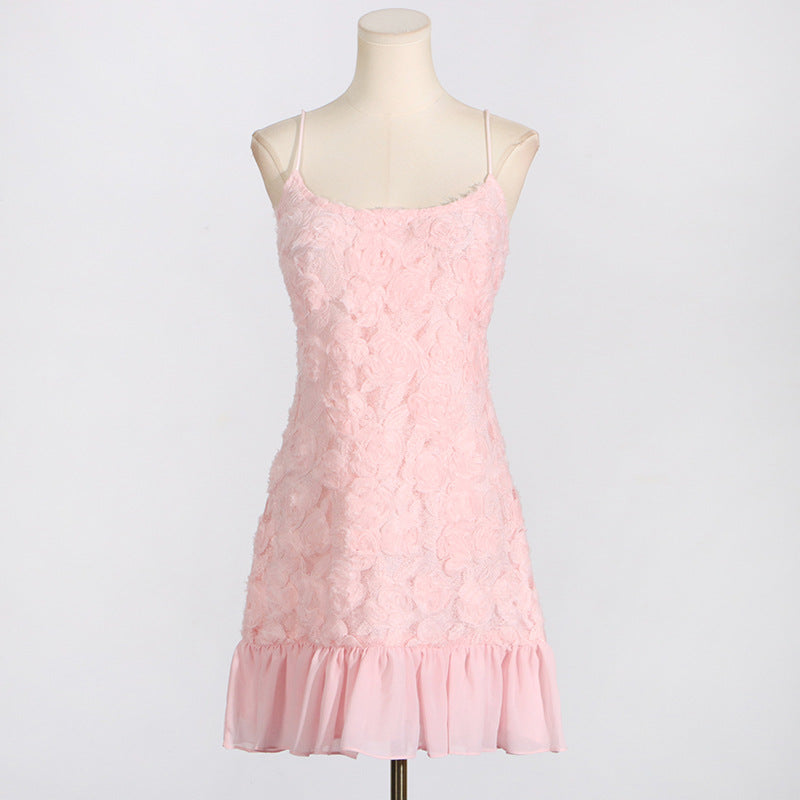 FLORAL APPLIQUÉ PLEATED HEM MINI DRESS IN PINK