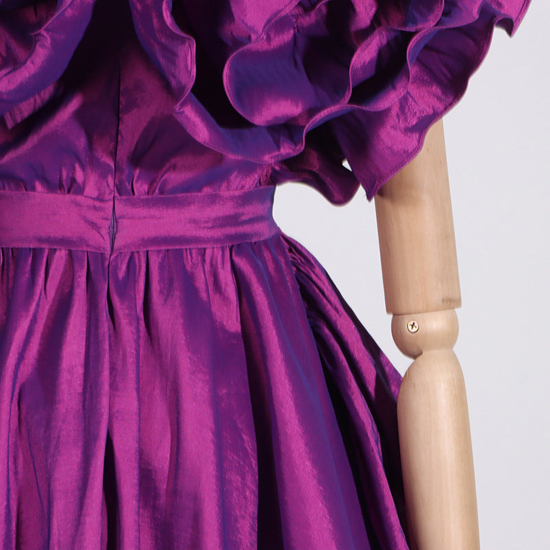 RUFFLES SATIN MINI DRESS IN PURPLE