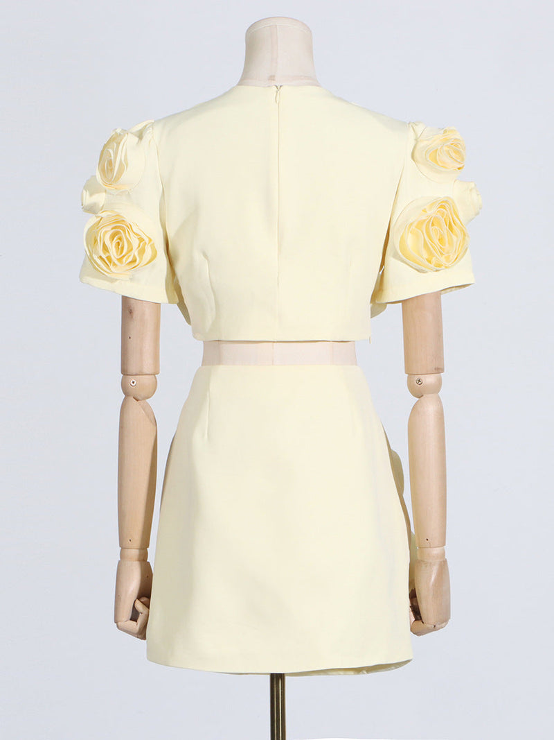 3D FLOWER BUBBLE SLEEVE TOP SKIRT SUIT IN YELLOW