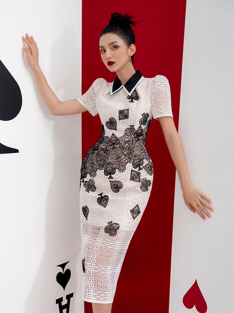 Poker Patterns embellished midi dress in white