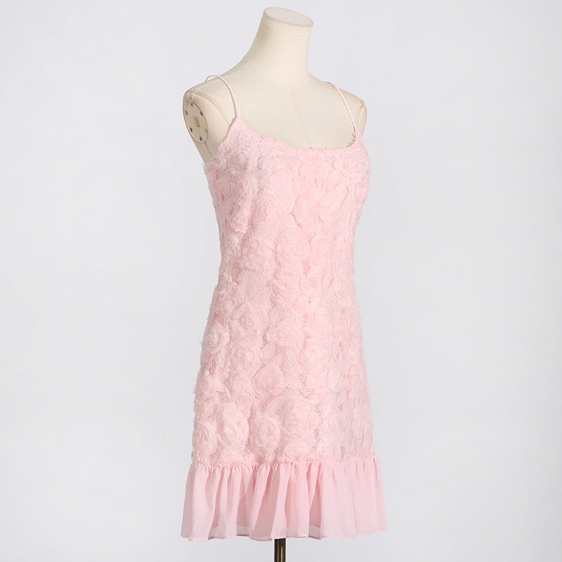 FLORAL APPLIQUÉ PLEATED HEM MINI DRESS IN PINK